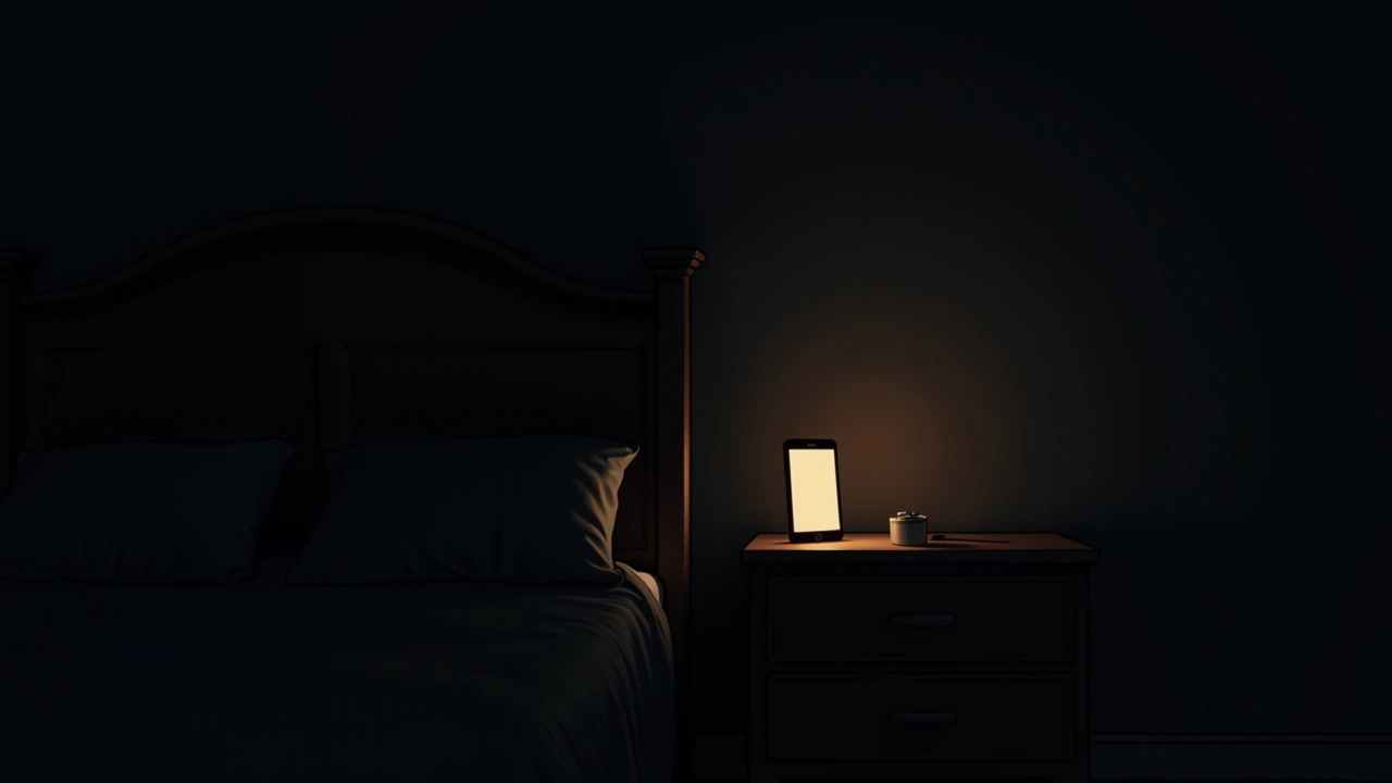 Illustration: A phone glowing softly on a nightstand in a dark bedroom.