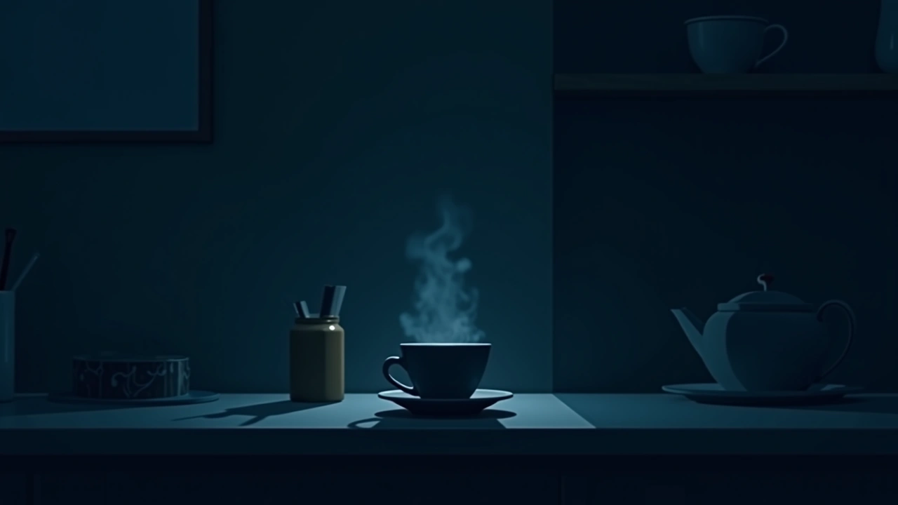 Illustration: a steaming cup of tea on a kitchen counter in a quiet home at night.