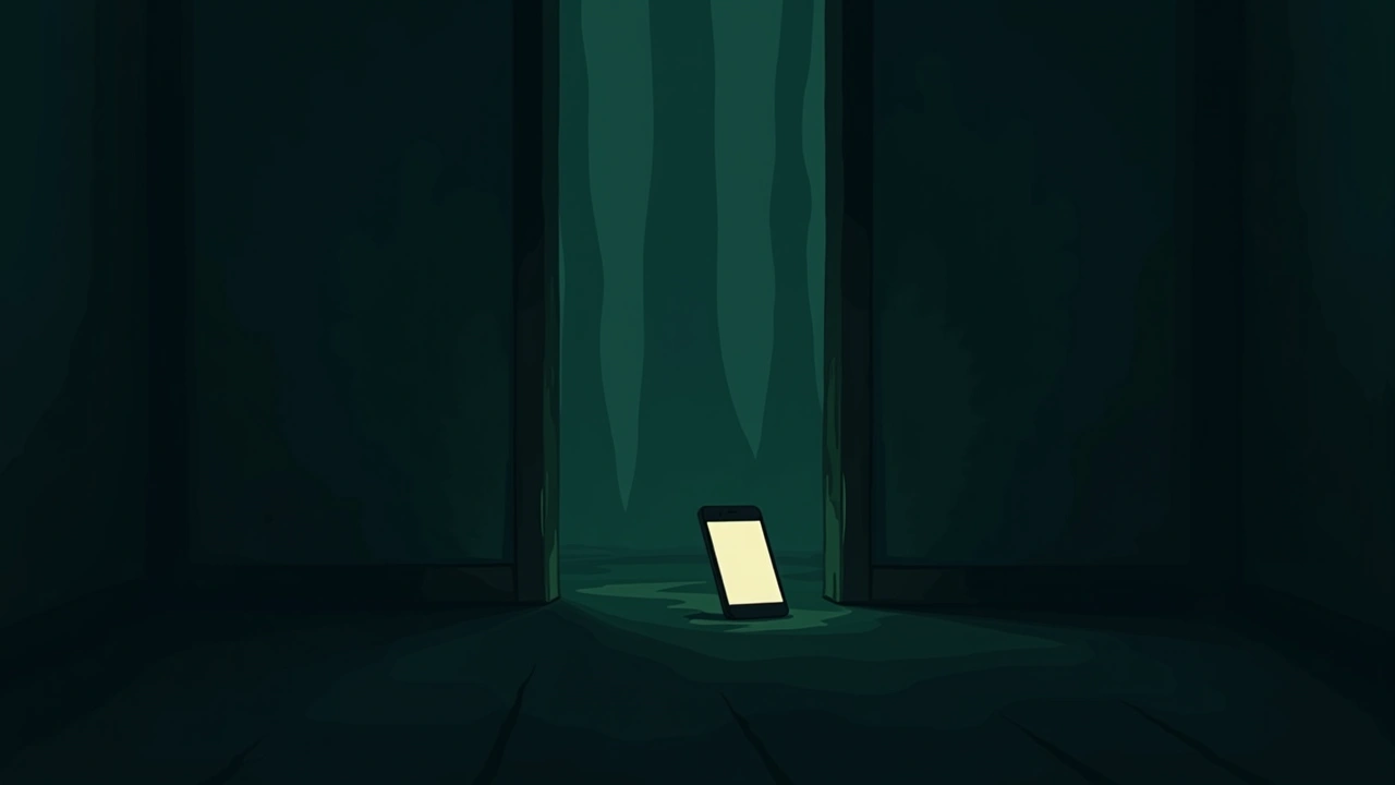 Illustration: a dark room lit only by a glowing phone screen, an unsettling stillness.