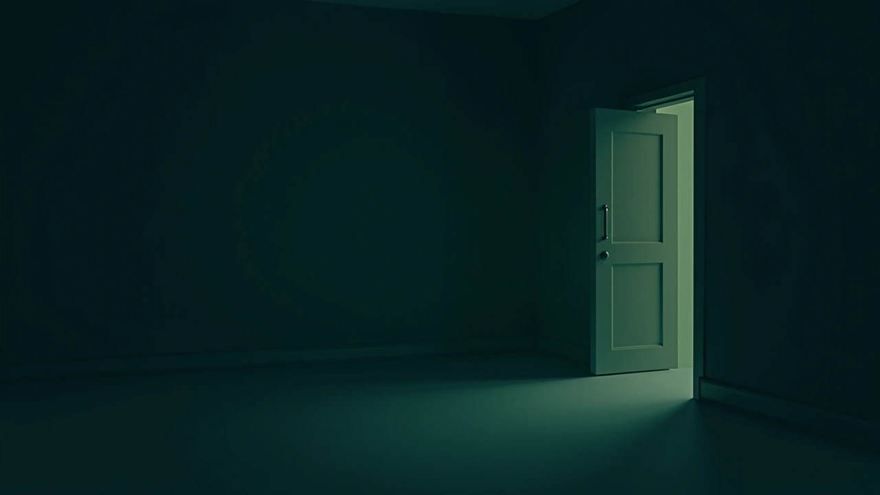 Illustration: a dim, empty room with a faint shadow near an open doorway, evoking an unseen presence.