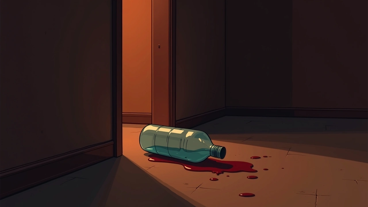 Illustration: A water bottle tipped over on a floor, its contents spilling out in a dim room.