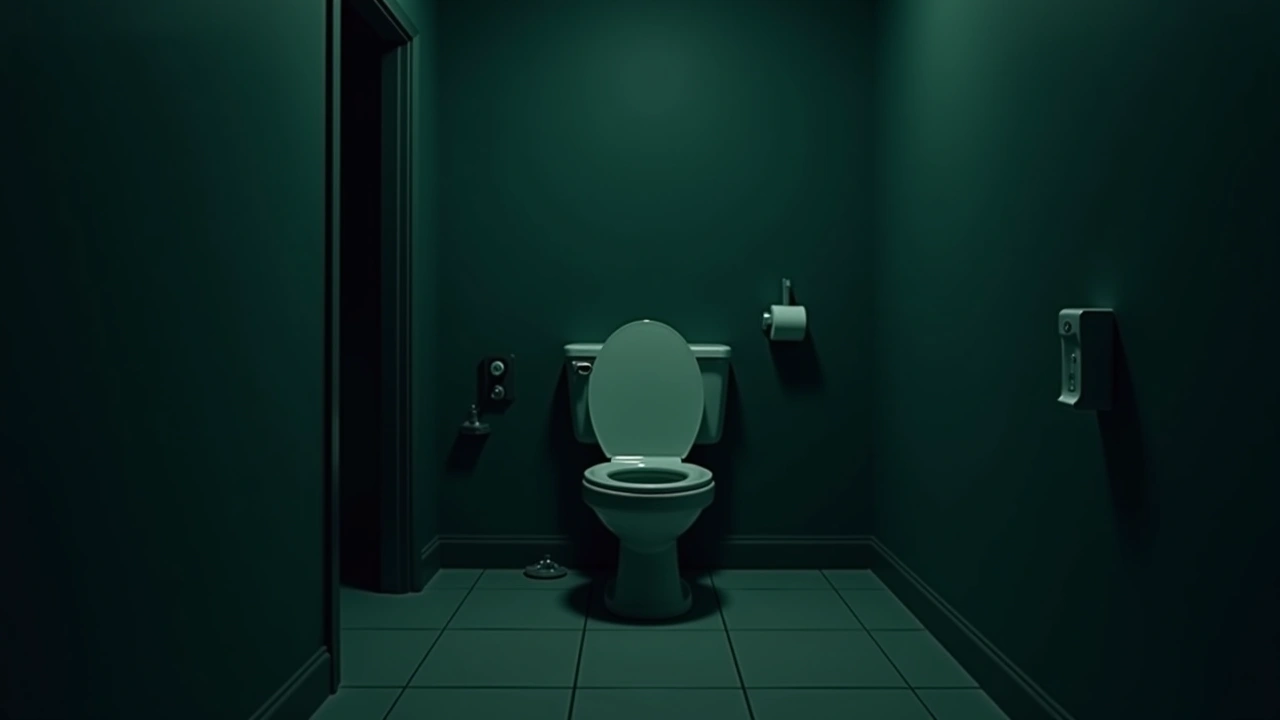 Illustration: a plain, empty home bathroom, a lone toilet at its center.
