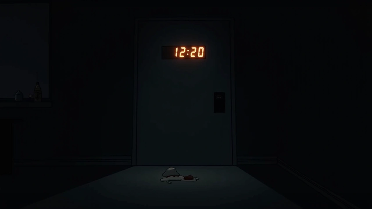 Illustration: a digital clock display glowing 12:20 a.m. in a dark room.