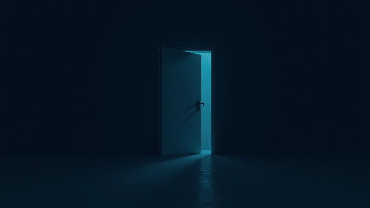 Illustration: A phone screen showing glitching text in a dim room.