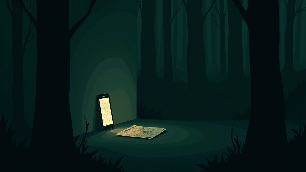 Illustration: a smartphone screen glitching with static in a dark room, a map faintly glowing on it.