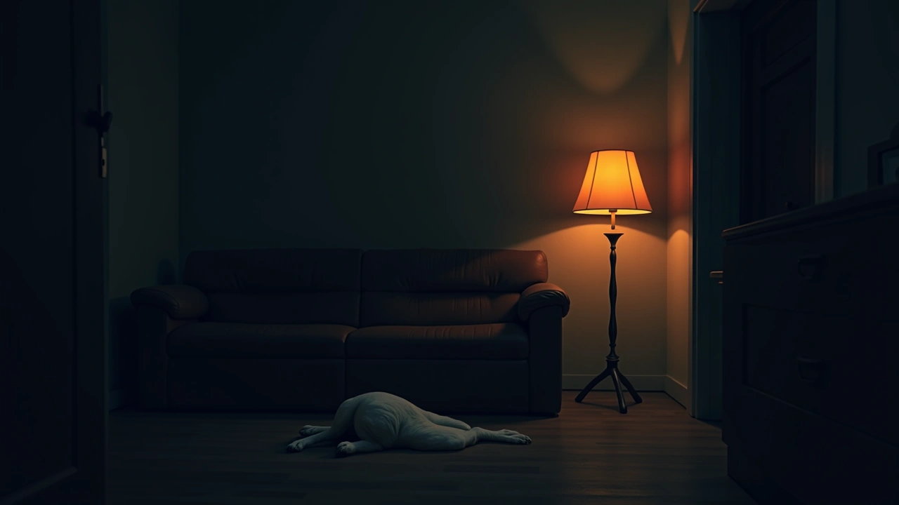 Illustration: a dog resting on a living room floor in the afternoon light.