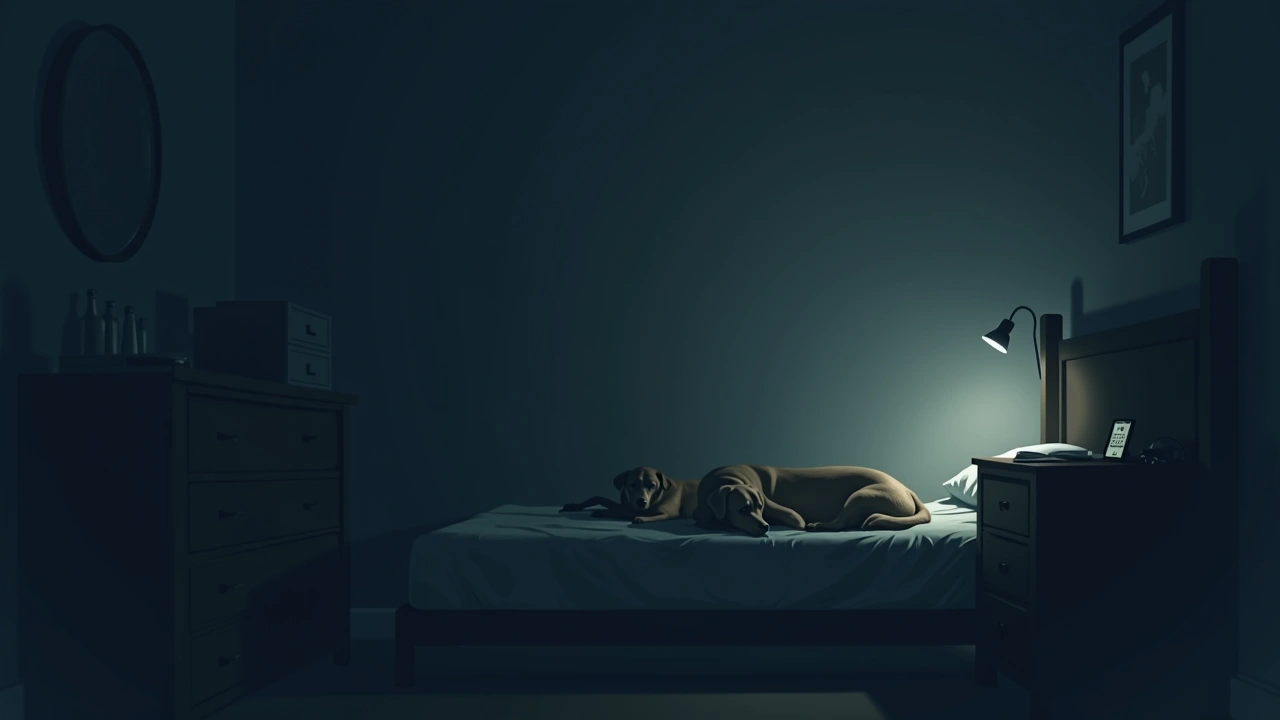 Illustration: two dogs resting beside a bed in a dim bedroom, a phone glowing faintly on the nightstand.