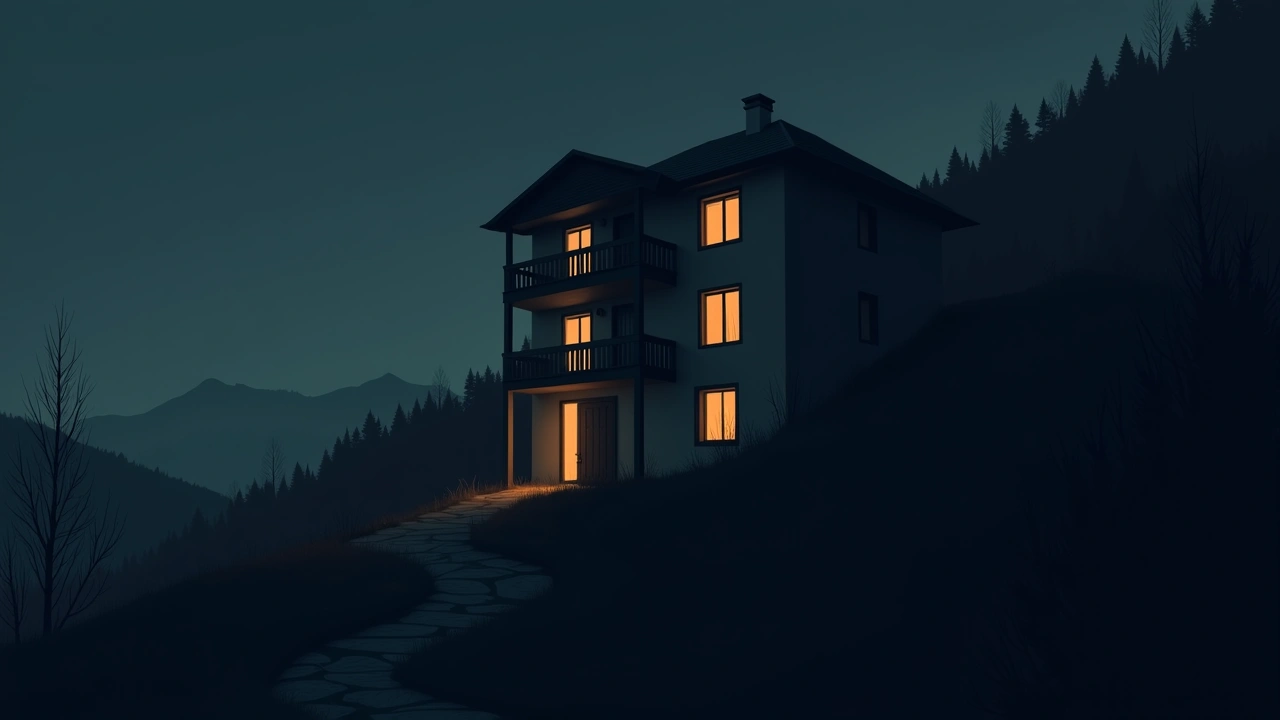 Illustration: an abandoned apartment building with six rooms on a mountainside at dusk.