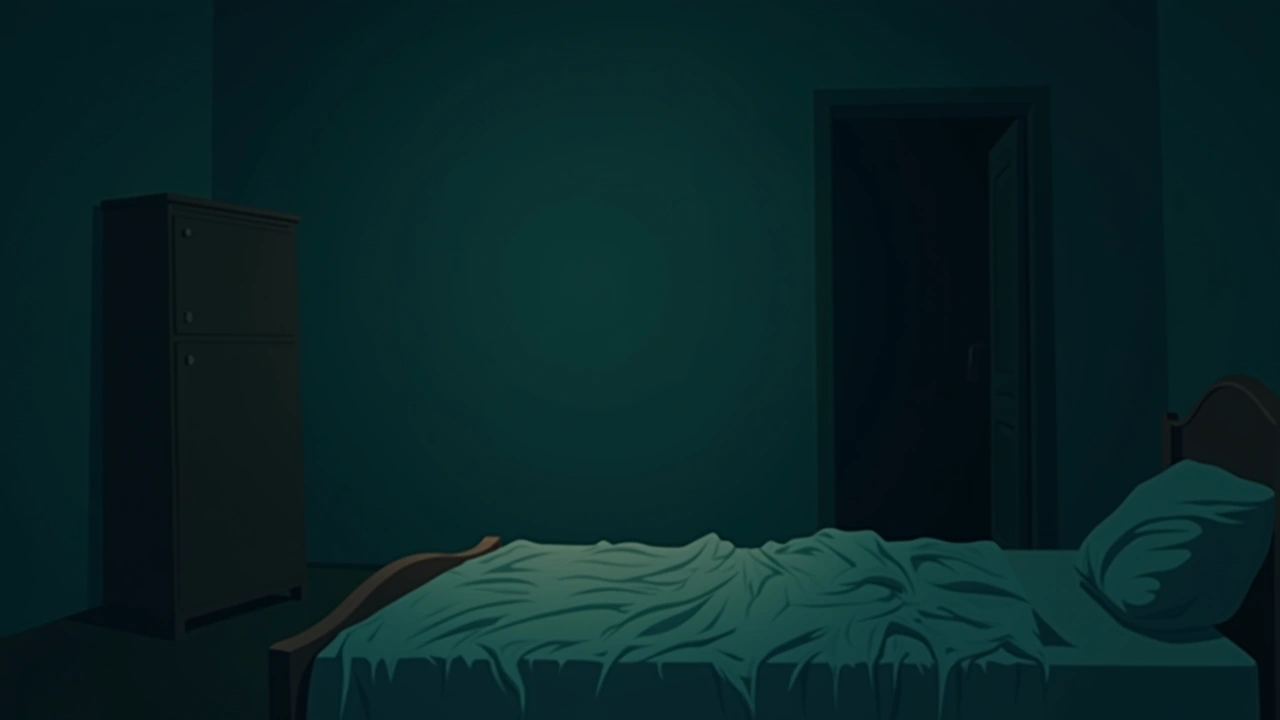Illustration: a dim empty bedroom at night, rumpled sheets and a door left ajar.