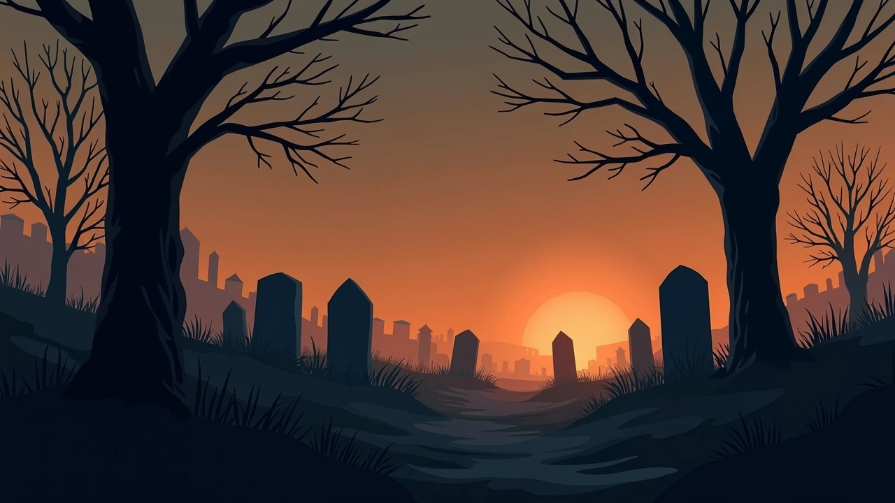 Illustration: a graveyard at night, crooked headstones under bare trees.