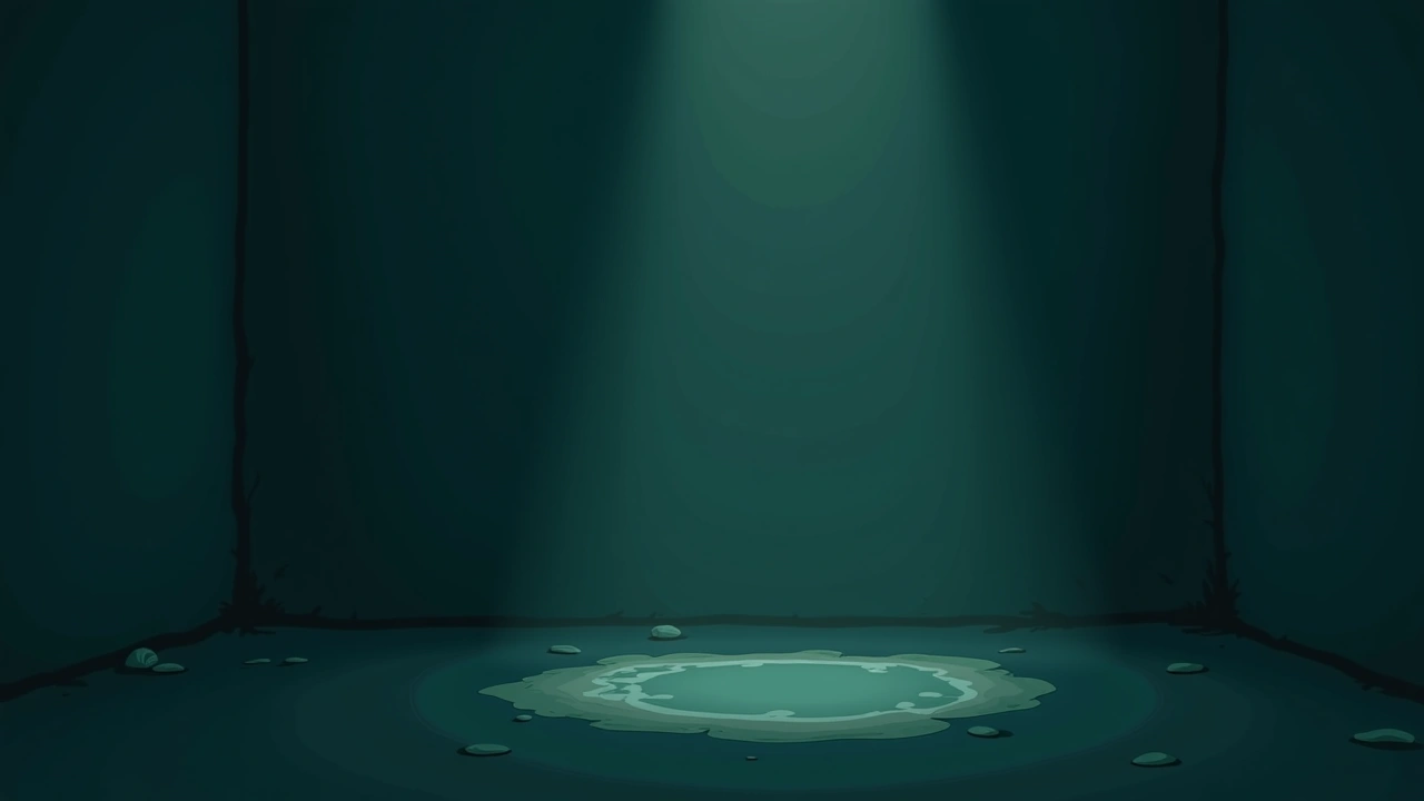 Illustration: a puddle of water reflecting dim light on a dark floor.