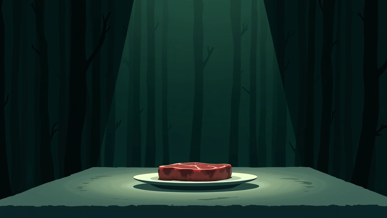 Illustration: a plate of steak on a home dinner table in the evening.
