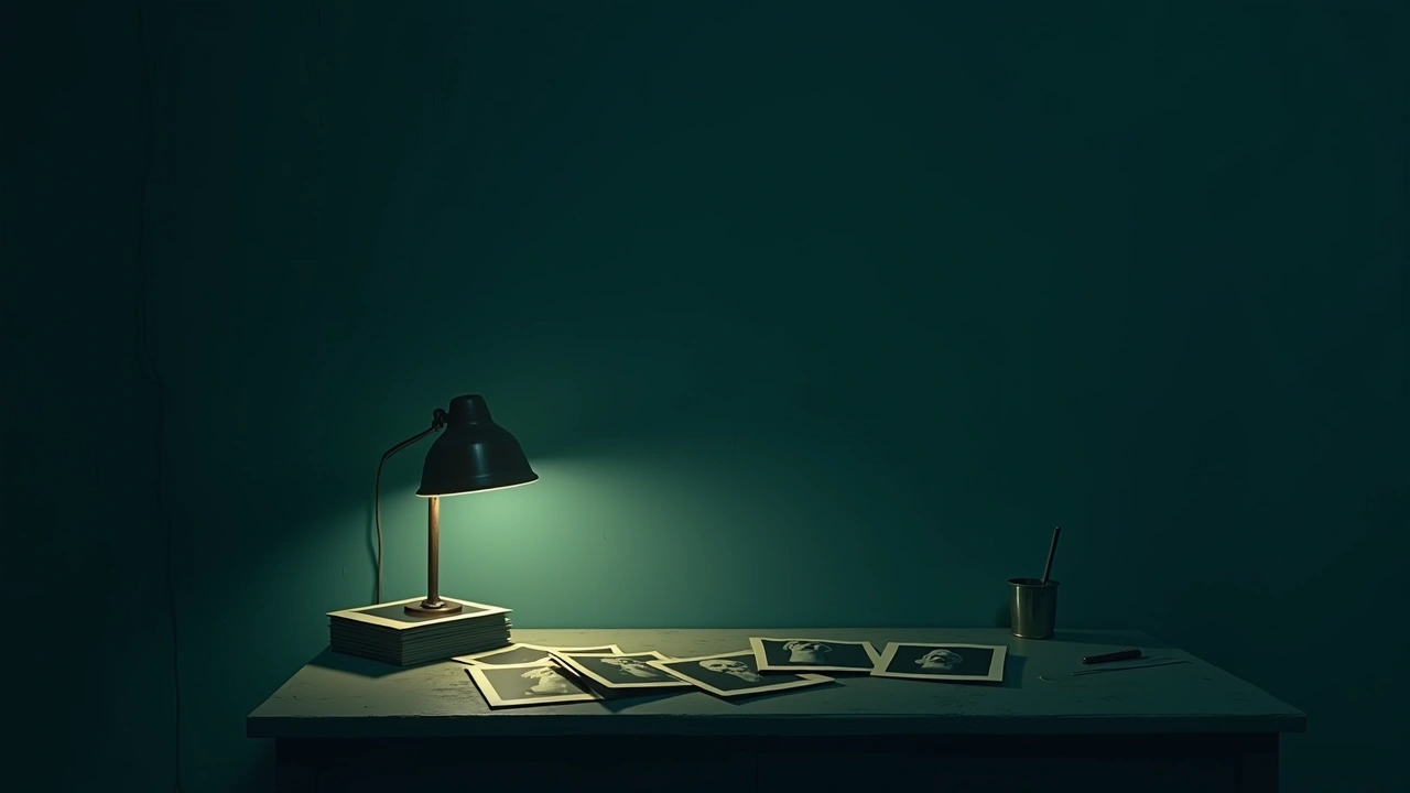 Illustration: a stack of old photographs spread across a table, soft lamp light.