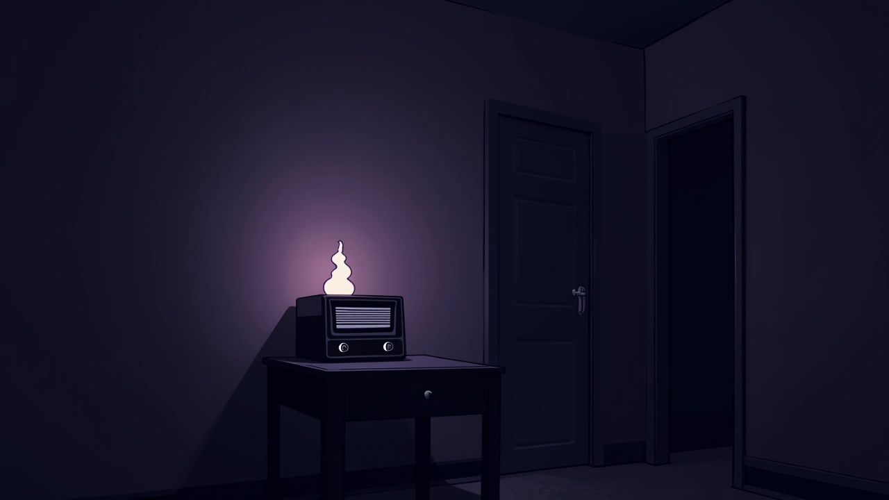 Illustration: an old-fashioned spirit box radio glowing on a table in a dim room.