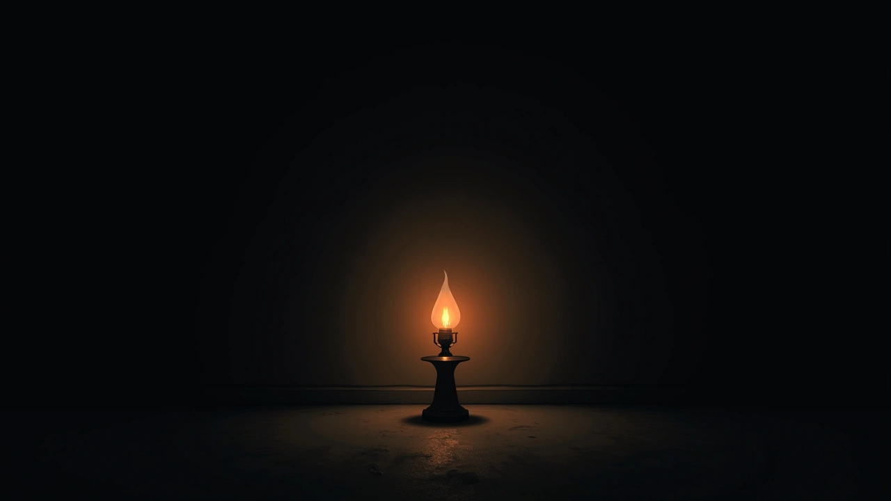 Illustration: a lamp flickering in a dim room at night.