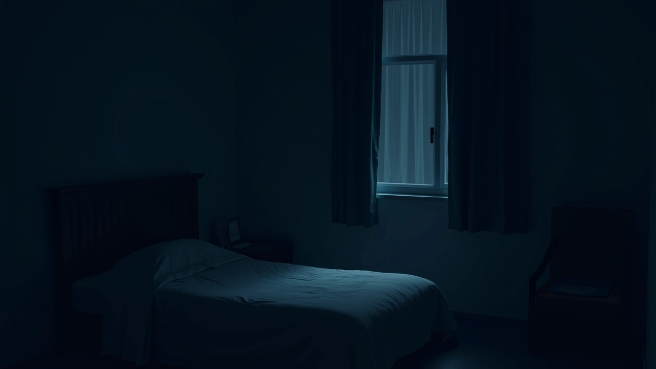 Illustration: a dark bedroom at night with the curtains drawn.