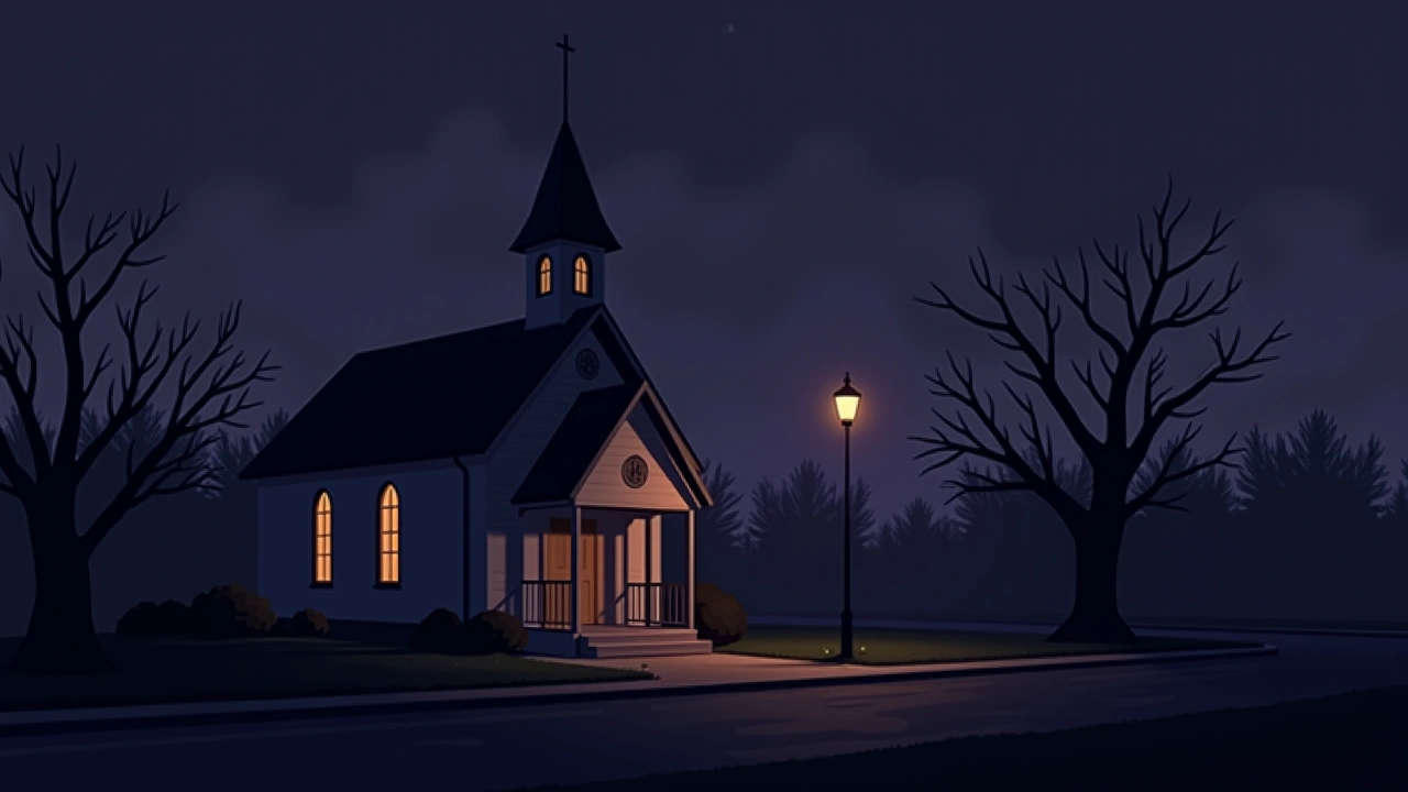 Illustration: a small Baptist church at night beside an empty park.
