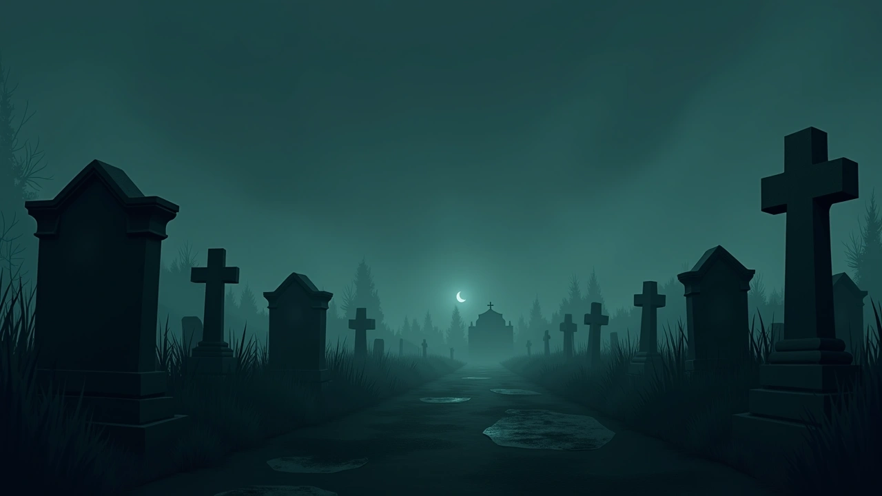 Illustration: an abandoned, overgrown cemetery with weathered headstones under a grey sky.