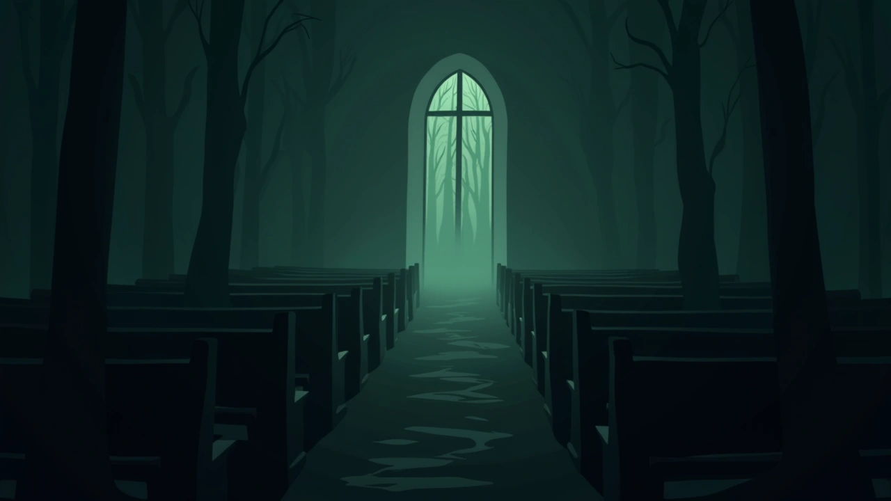 Illustration: The empty pews of a small church.