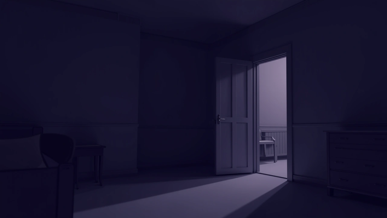 Illustration: a dim, sparsely furnished apartment room at night, shadows stretching across the wall.