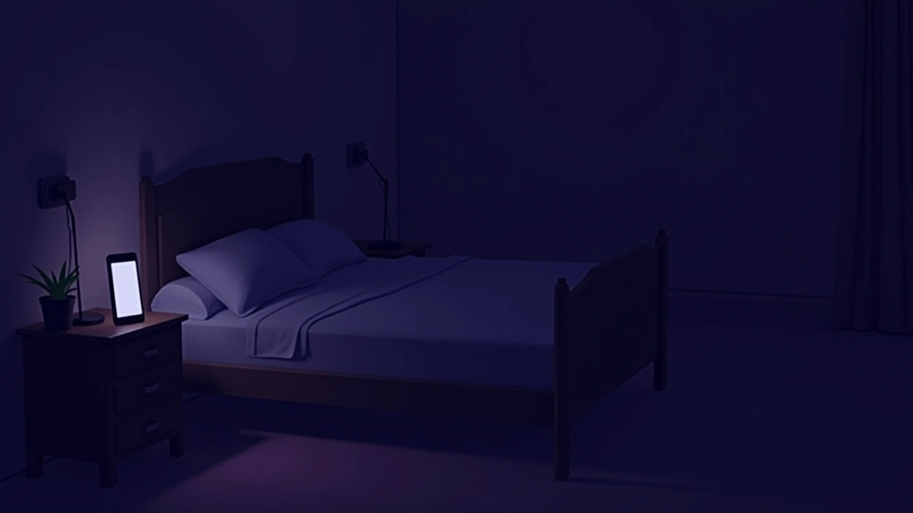 Illustration: A dim bedroom at night with a smartphone glowing on a nightstand.