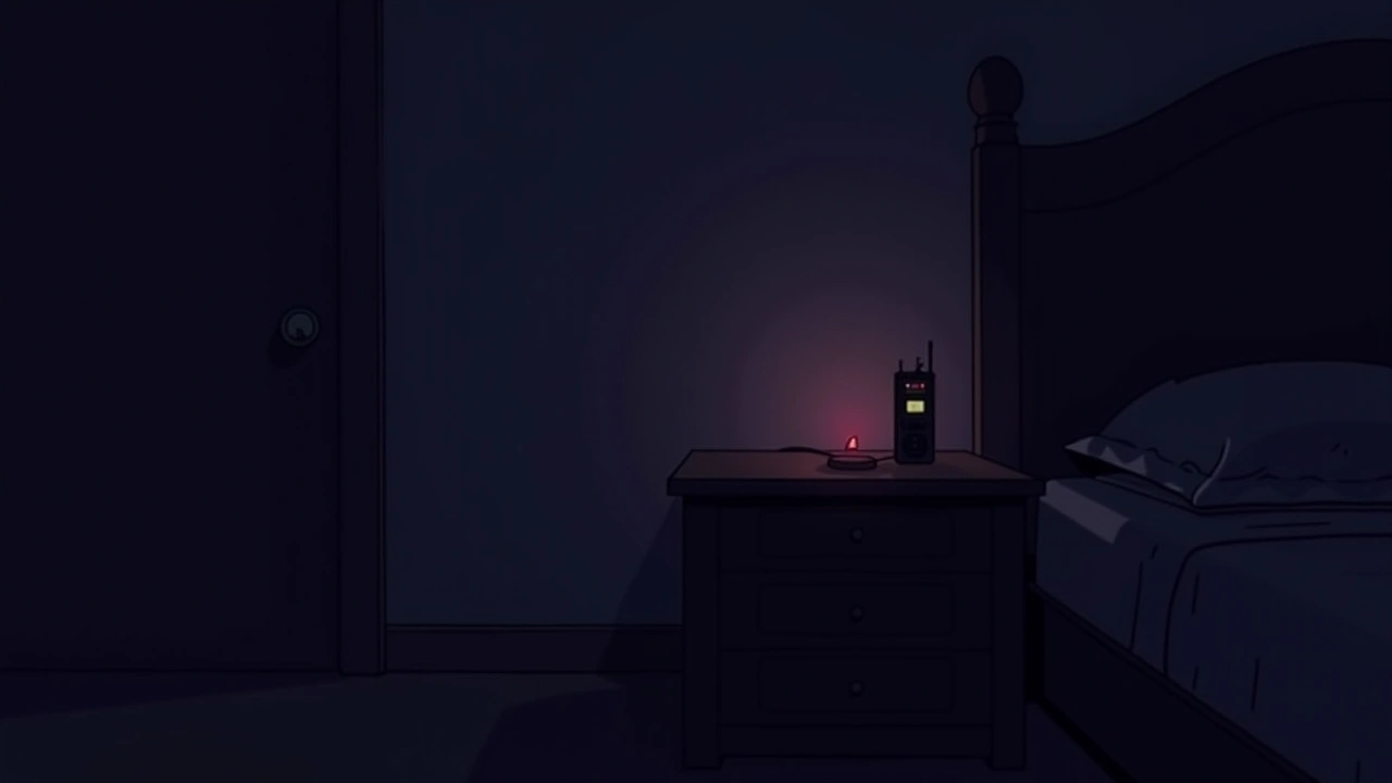 Illustration: A quiet dark room at night, an old-style handheld recorder resting on a nightstand with a faint red light.