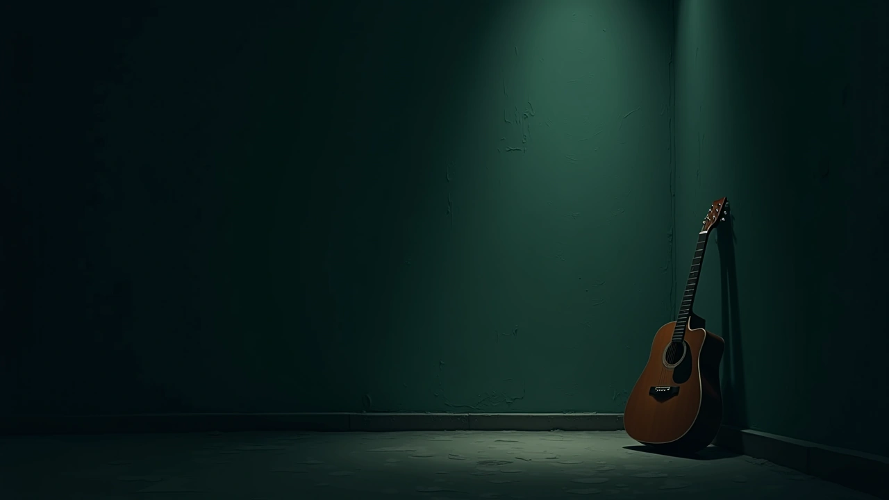Illustration: A guitar leaning against the wall in a dim, quiet room.