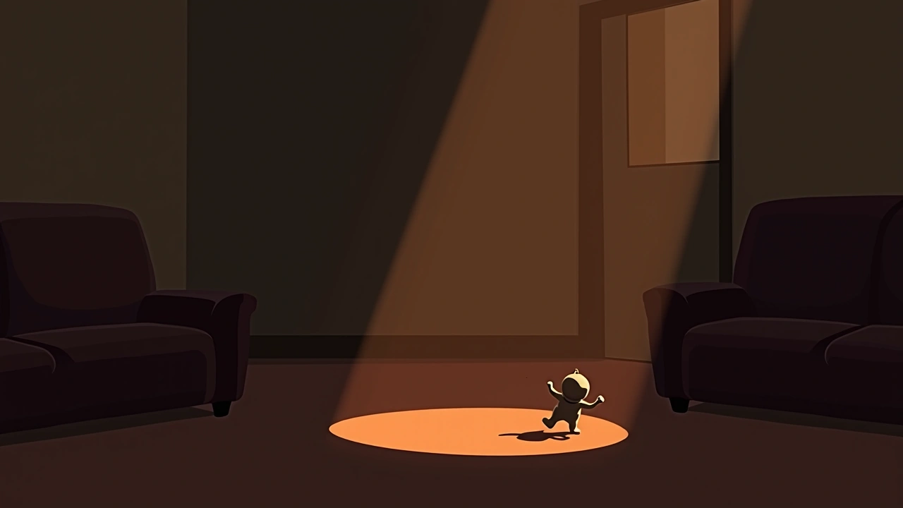 Illustration: a toy caught mid-air as if thrown, in a dim, otherwise empty living room.