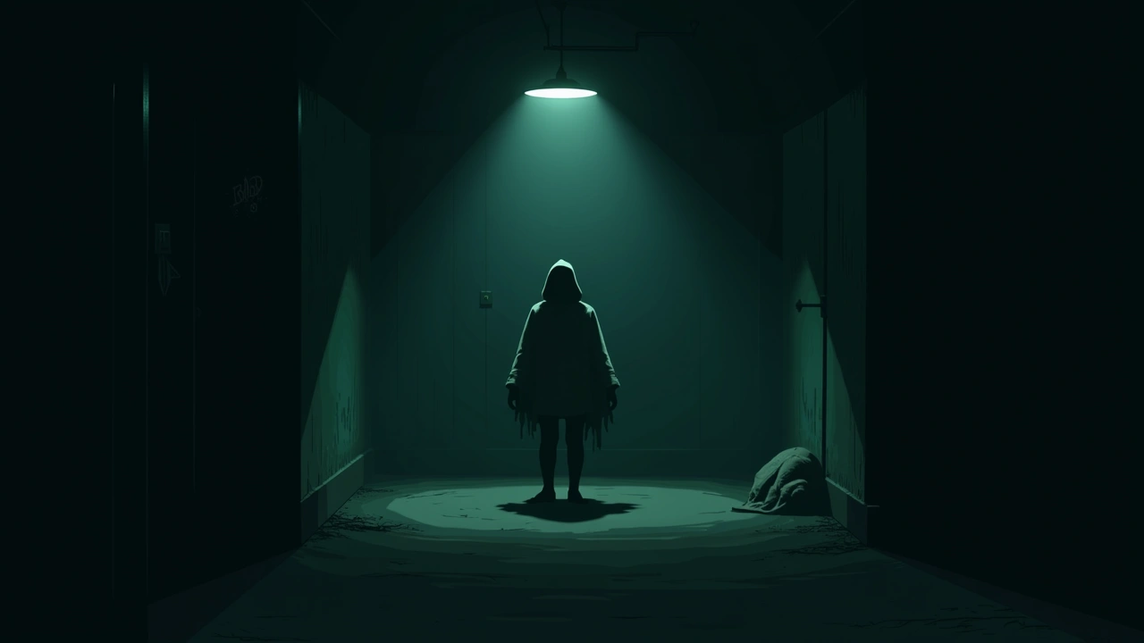 Illustration: a dim basement at night with the lights flickering.