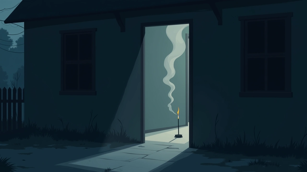 Illustration: an open front doorway of a house at dusk, incense smoke drifting inside.