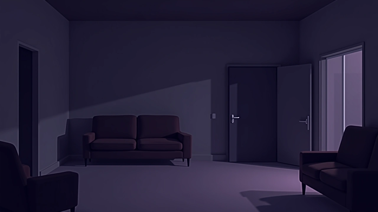 Illustration: an empty living room with bare walls and no furniture, soft daylight.