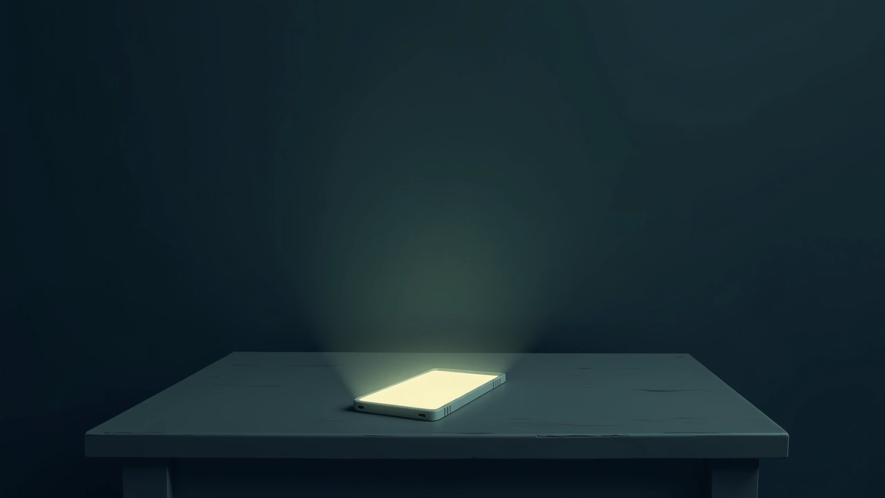 Illustration: a phone glowing alone on a table in a dark room.