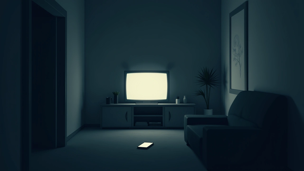 Illustration: A paused movie glowing on a TV in a dark living room, a phone with a ghost-detection app open nearby.
