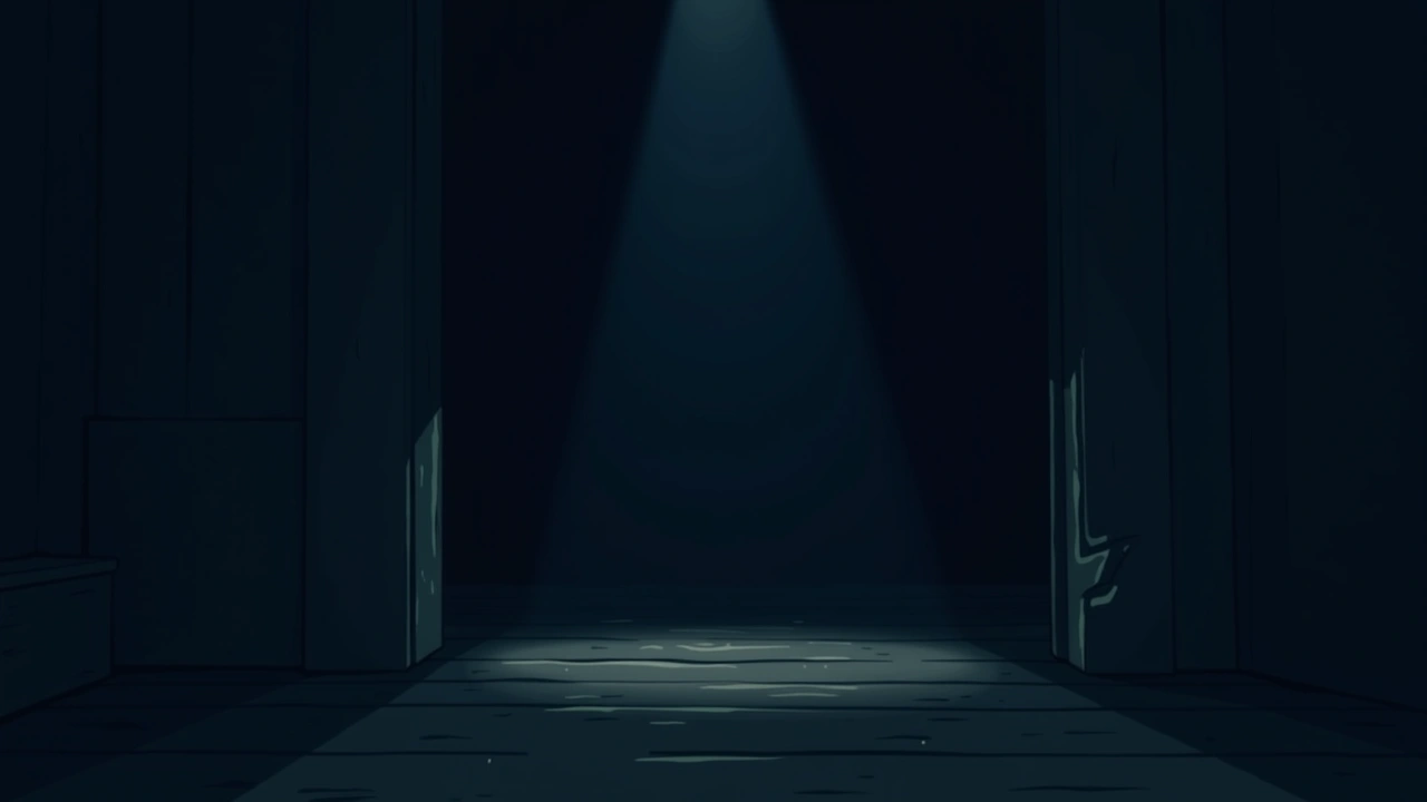 Illustration: a wooden floorboard creaking underfoot in a dim, quiet house at night.