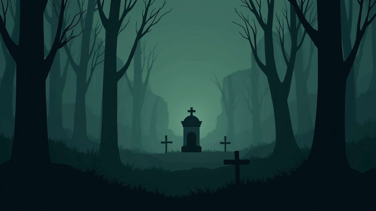 Illustration: a quiet graveyard under an overcast sky.