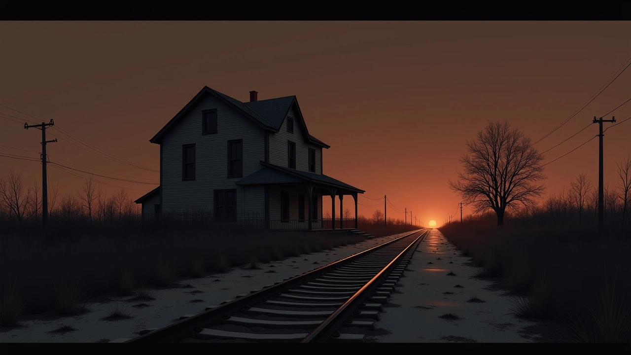 Illustration: A weathered old house at night near quiet train tracks.
