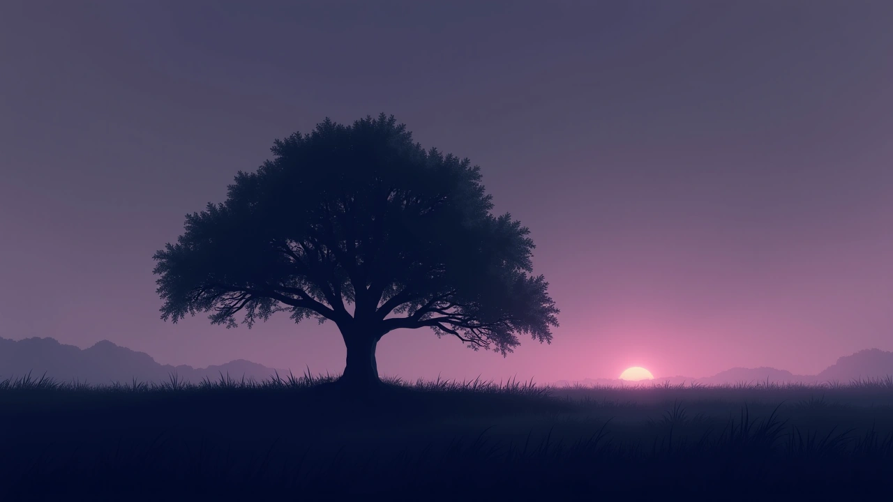 Illustration: a solitary oak tree standing in a quiet field.