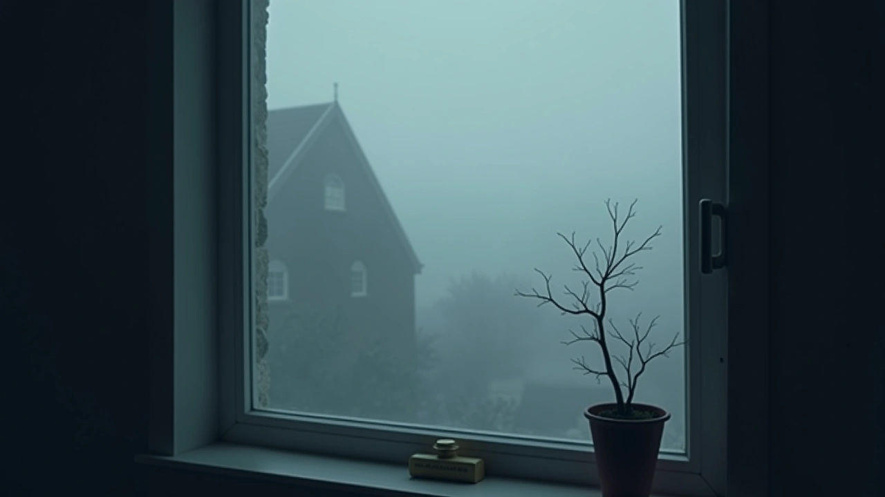 Illustration: a foggy evening seen through a house window.