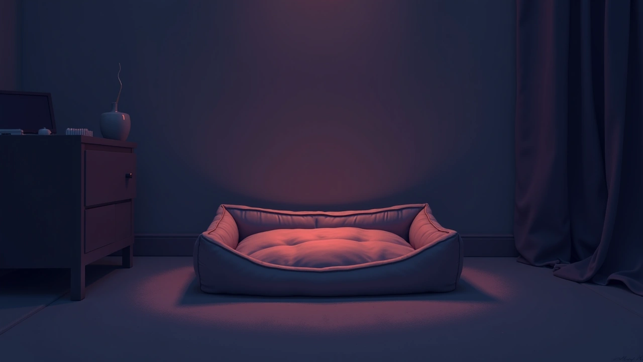 Illustration: an empty dog bed glowing warmly in a softly lit room.