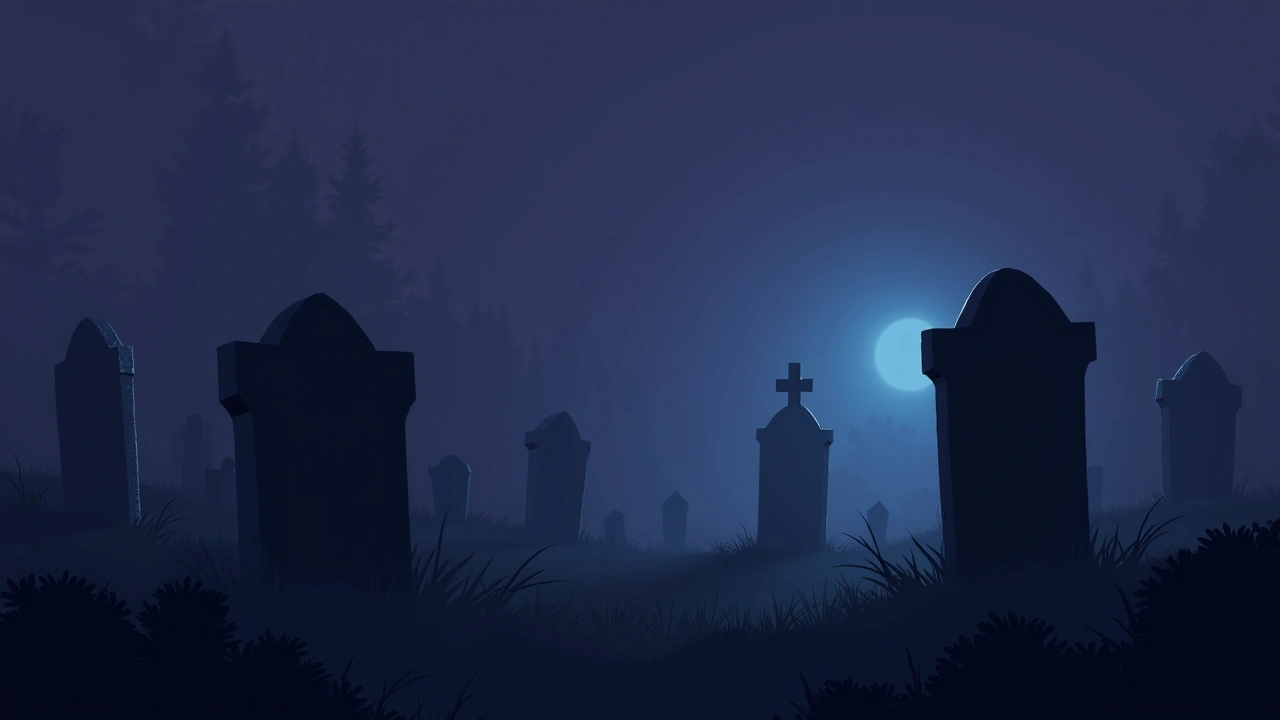 Illustration: A foggy graveyard at night with old stone headstones, a faint blue glow from a phone screen.