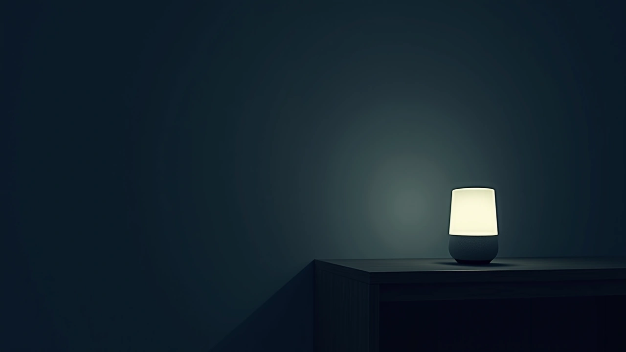 Illustration: a smart speaker glowing on a shelf in a dim living room at night.