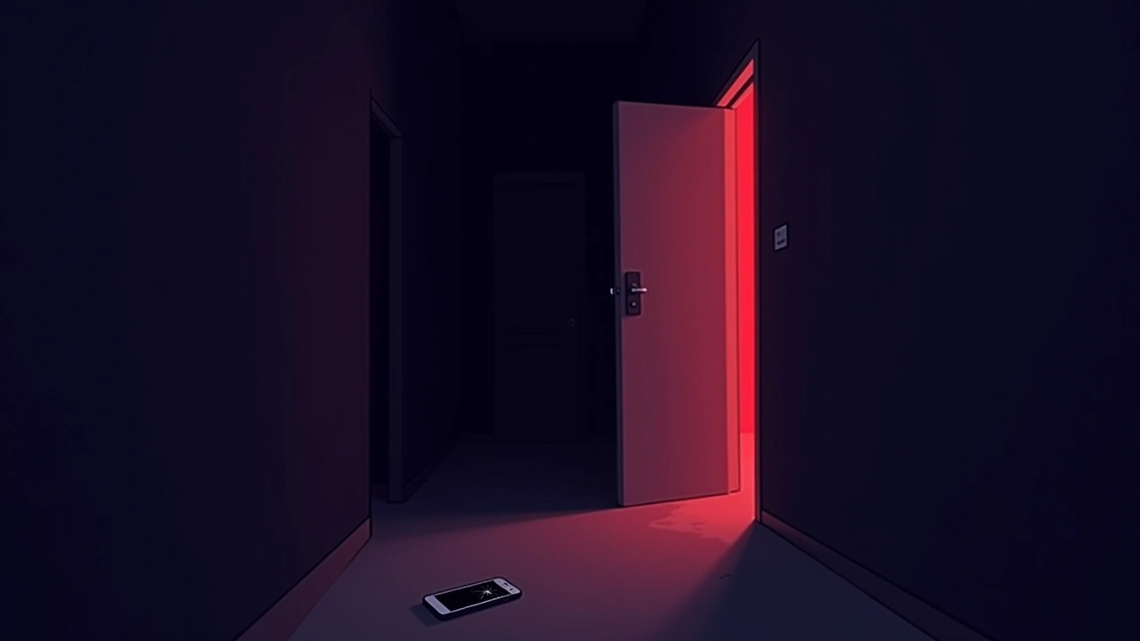 Illustration: a bedroom door glowing red with warning light in a dim hallway, a dropped phone with a cracked screen nearby.