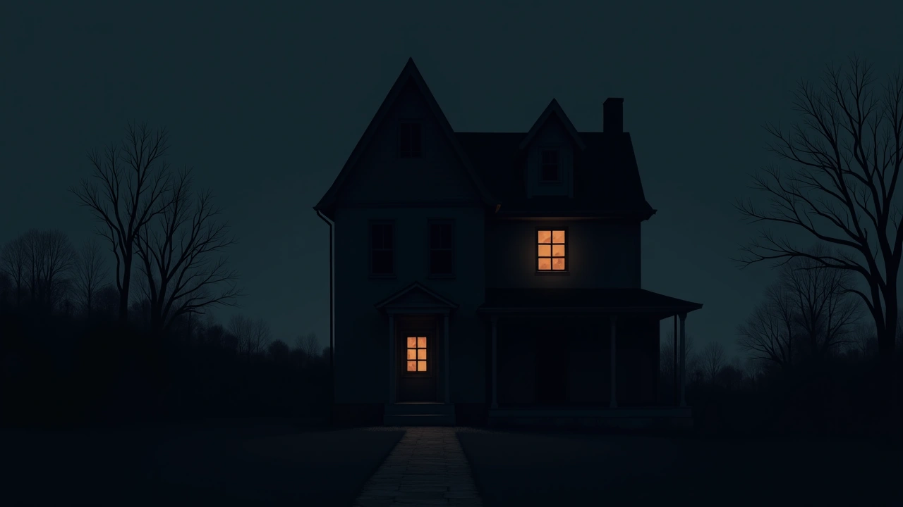 Illustration: the exterior of an old Victorian house at dusk with a single lit window.