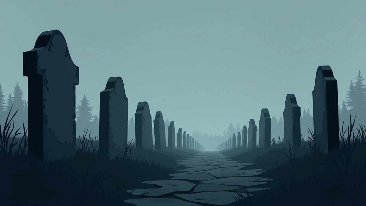 Illustration: Rows of weathered stone grave markers in a quiet cemetery at dusk.