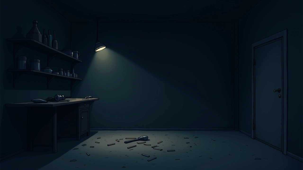 Illustration: A dim home workshop shelf at night, tools scattered as if just knocked loose.